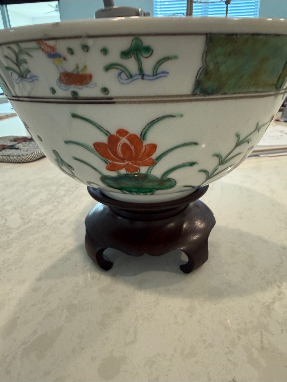 White Ceramic Bowl with Green Patterned Rim - Picture 2 of 3